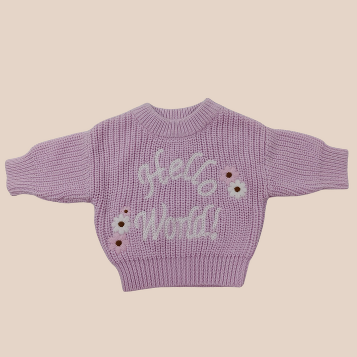 Kute Cuddles Hello World Knit Lilac birth announcement jumper flat lay GOTS certified cotton