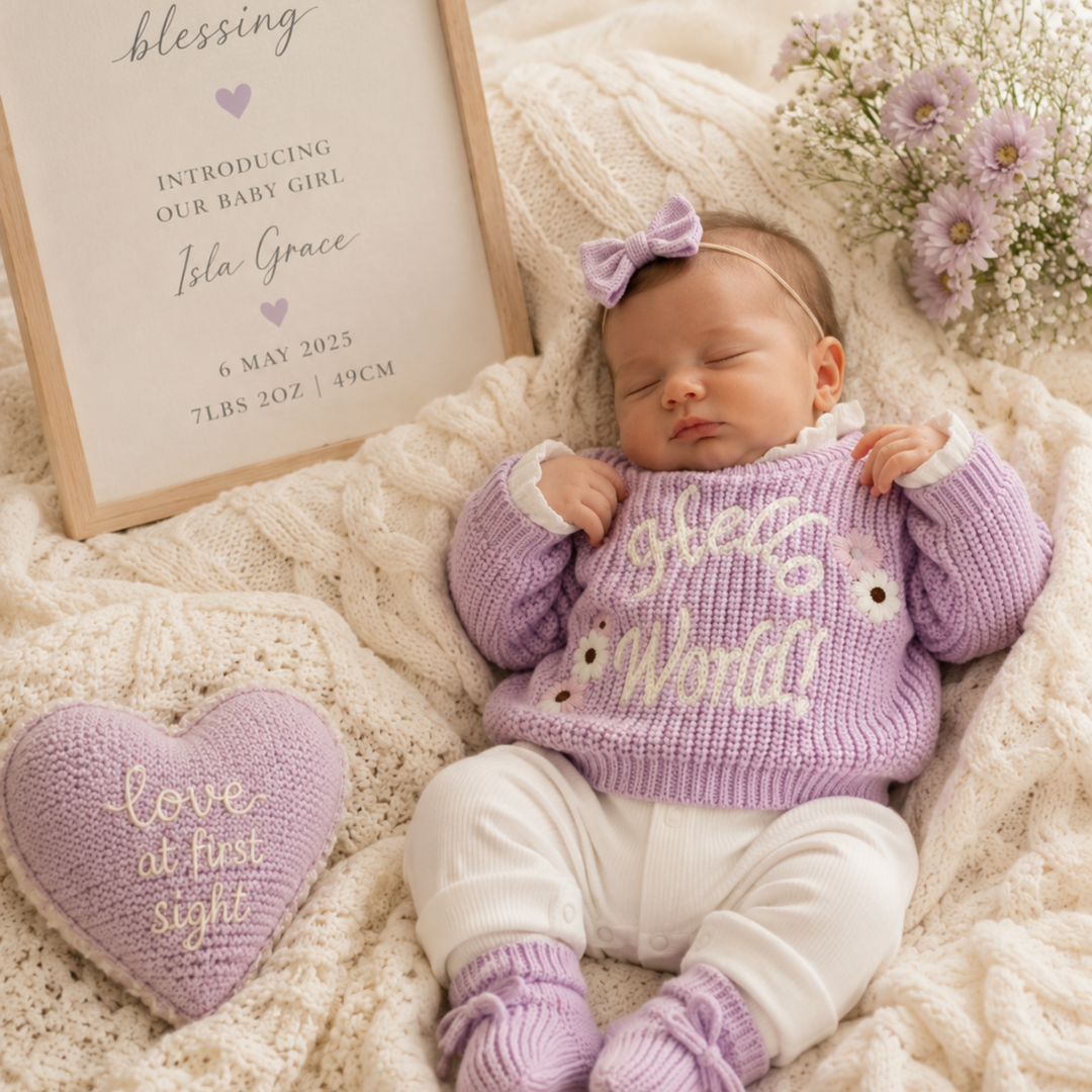 Kute Cuddles Hello World Knit Lilac birth announcement jumper on newborn baby girl
