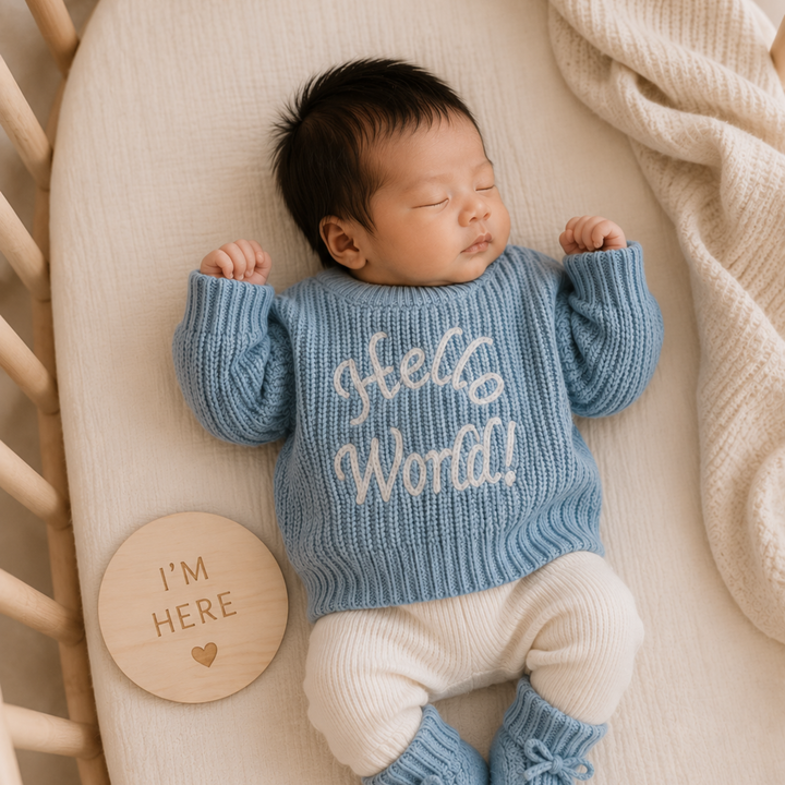 Kute Cuddles Hello World Knit Sky mum holding newborn birth announcement photo