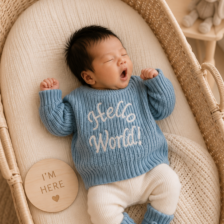 Kute Cuddles Hello World Knit Sky birth announcement lifestyle photo organic cotton