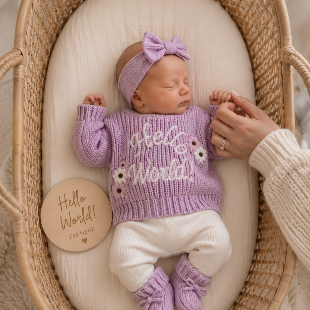 Newborn baby girl wearing Kute Cuddles Hello World Knit Lilac organic cotton jumper