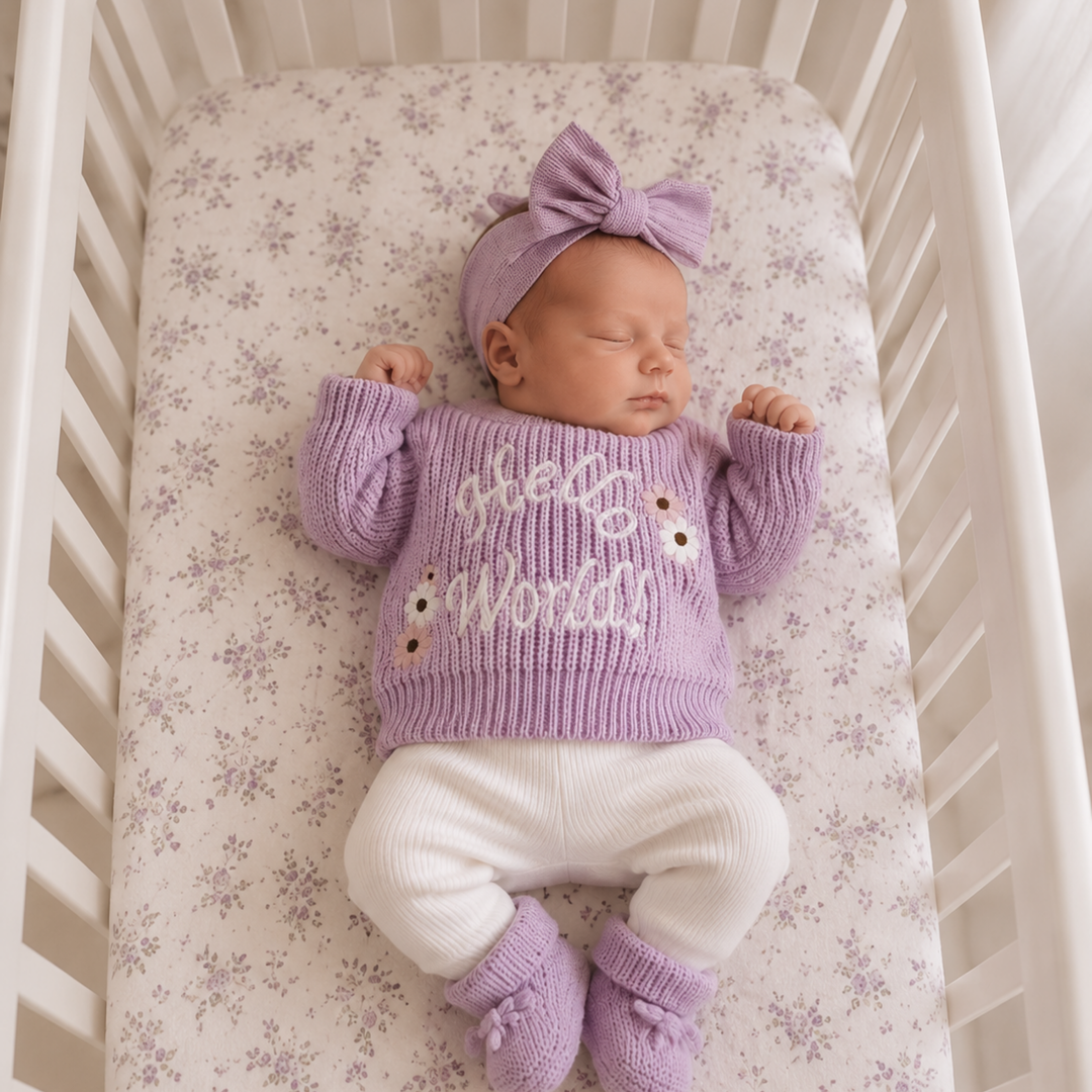 Kute Cuddles Hello World Knit Lilac birth announcement hospital photo newborn