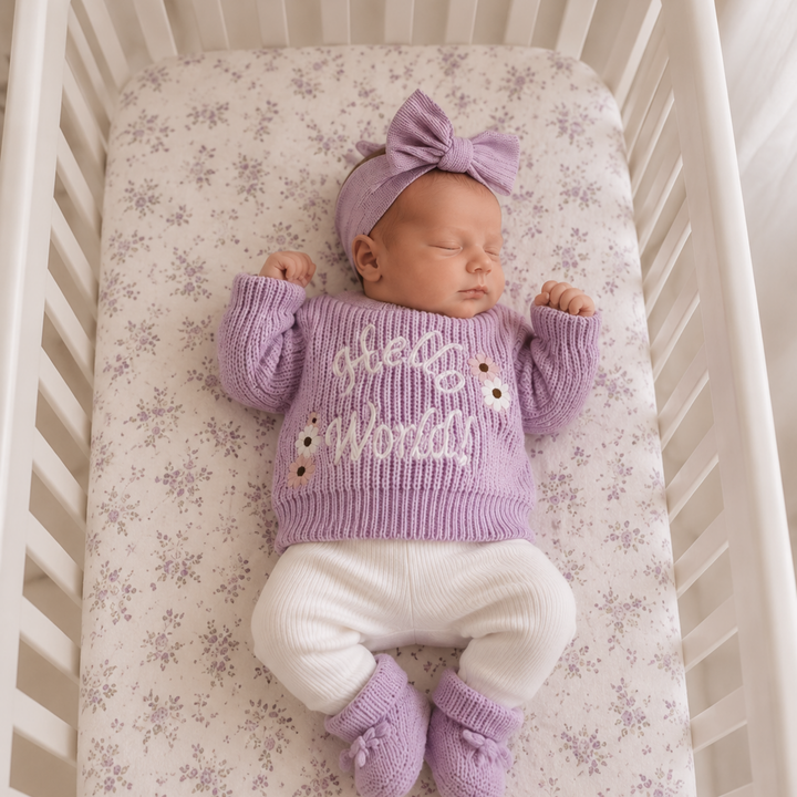 Kute Cuddles Hello World Knit Lilac birth announcement hospital photo newborn