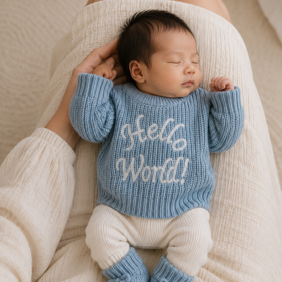 Kute Cuddles Hello World Knit Sky blue birth announcement jumper on newborn baby boy