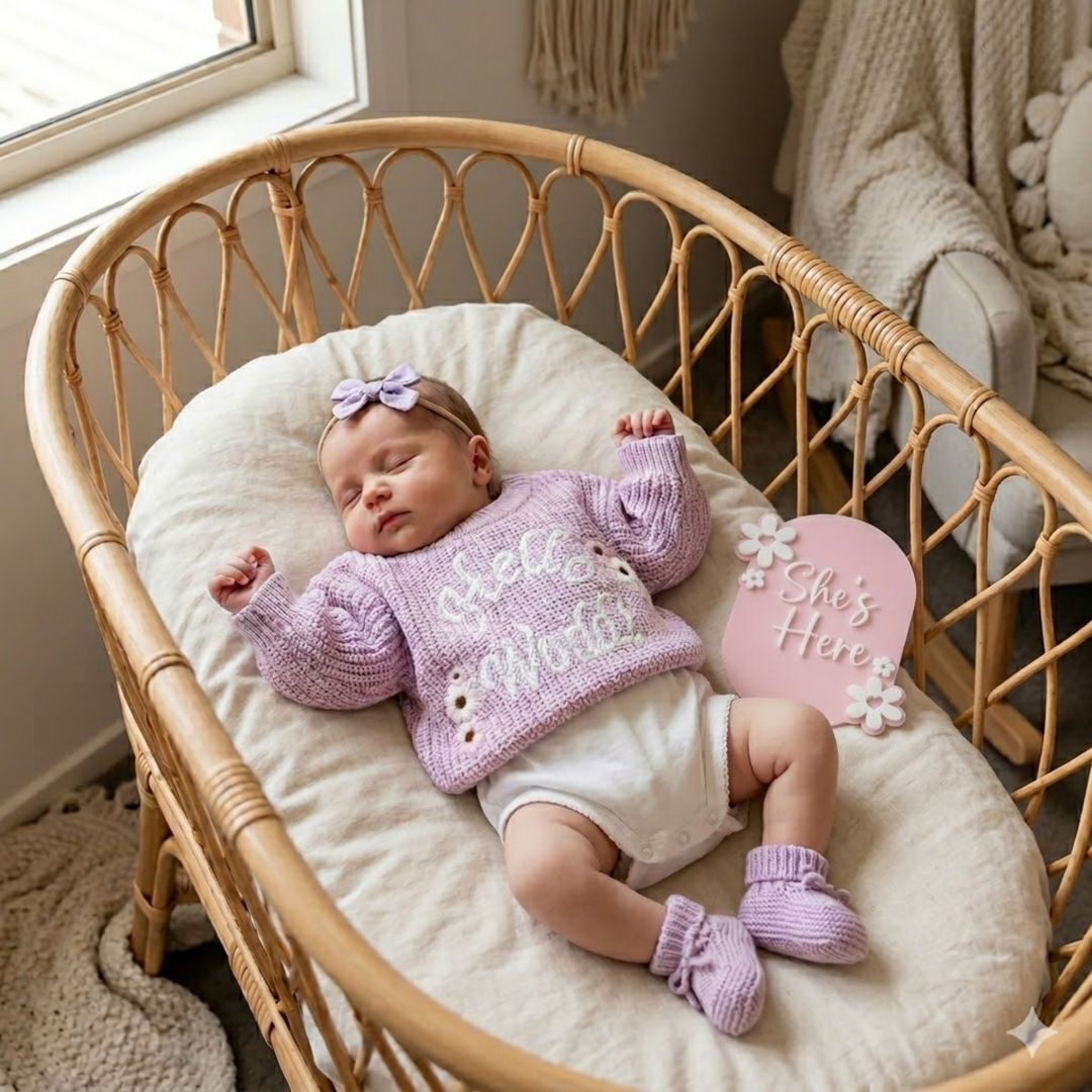Kute Cuddles Hello World Knit Lilac birth announcement jumper mum holding newborn