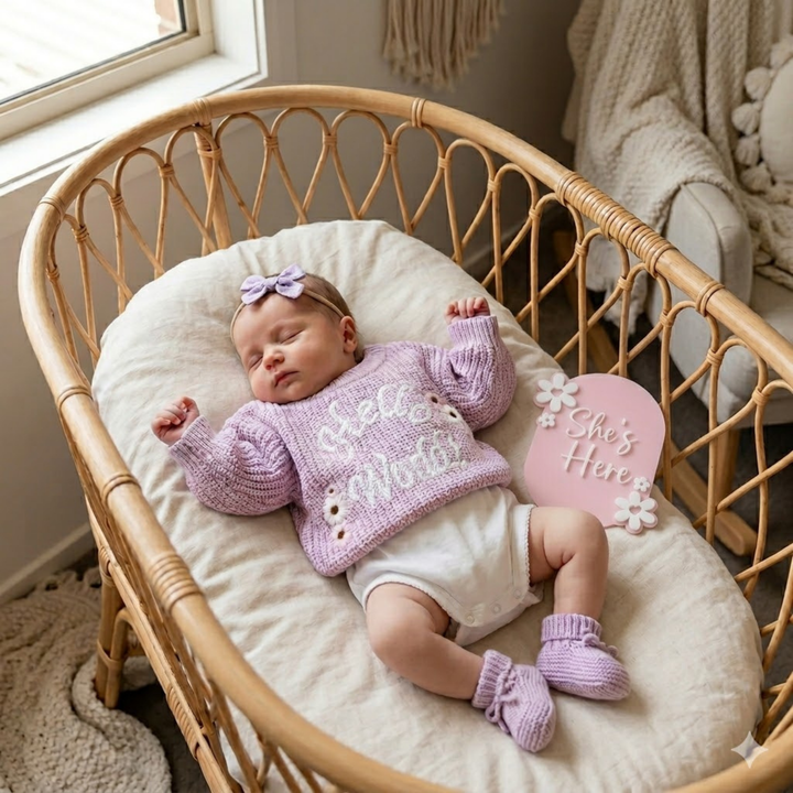 Kute Cuddles Hello World Knit Lilac birth announcement jumper mum holding newborn