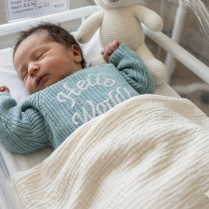 Kute Cuddles Hello World Knit Sky birth announcement hospital bassinet photo