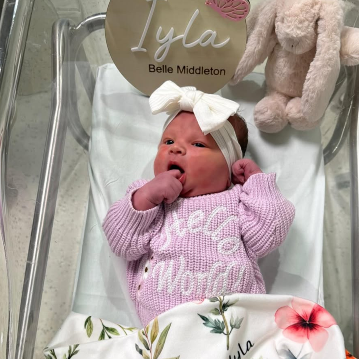Kute Cuddles Hello World Knit Lilac birth announcement set lifestyle photo