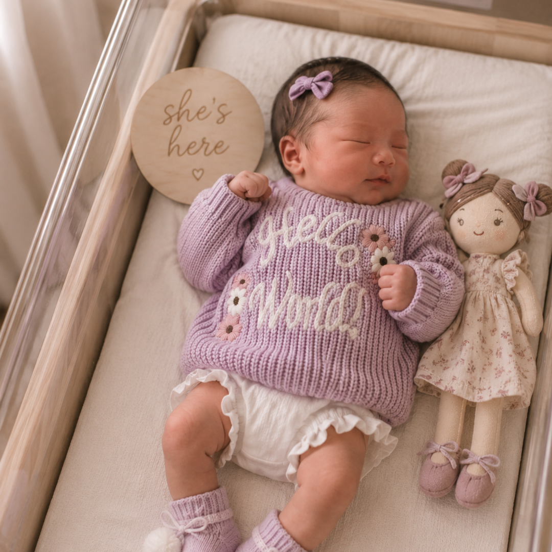 Kute Cuddles Hello World Knit Lilac newborn bassinet announcement photo organic cotton