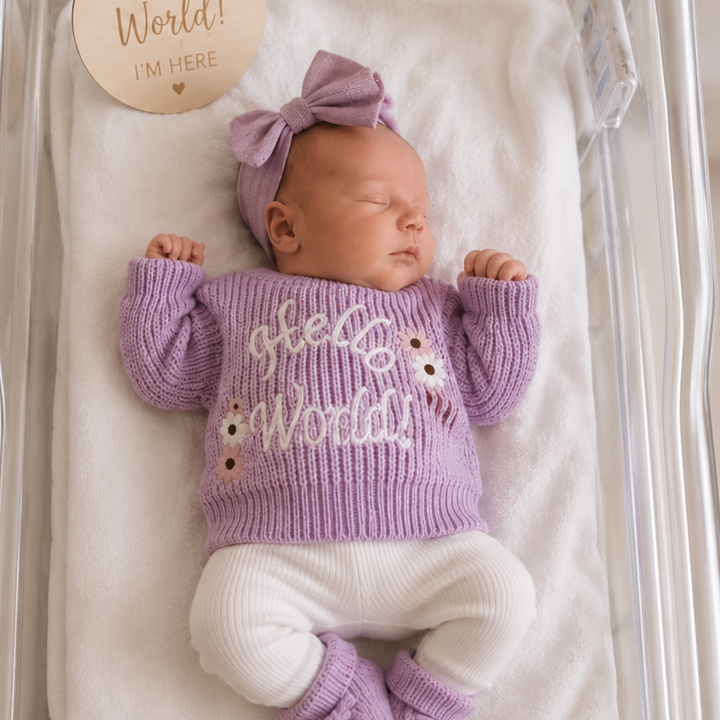 Kute Cuddles Hello World Knit Lilac daisy embroidery detail organic cotton newborn