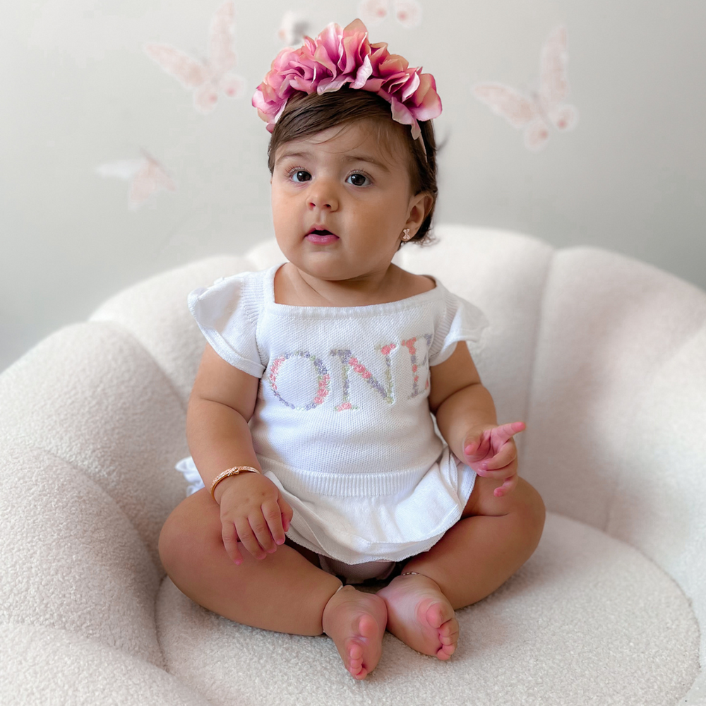 Kute Cuddles Birthday Frill Romper Milk first birthday baby girl organic cotton